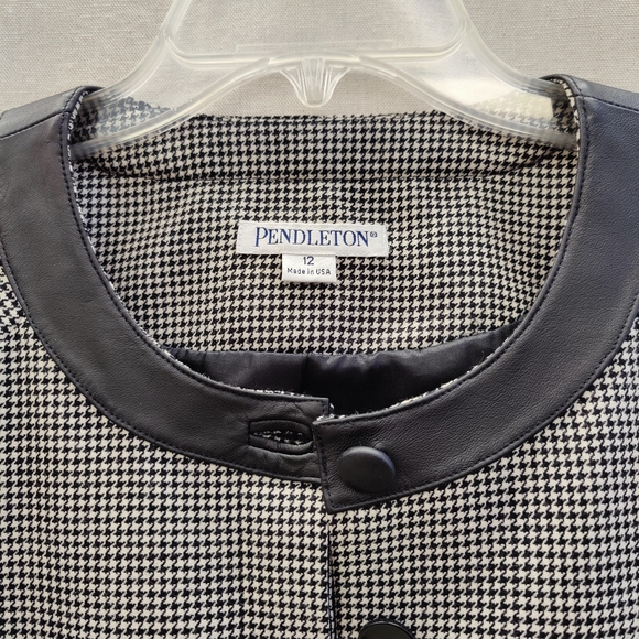 NWT Pendleton Virgin Wool Houndstooth jacket with leather trim, size 12 - Picture 2 of 11